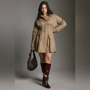 NWT Anthropologie Pilcro Pintuck Pleated Mini Shirt Dress Size XL Khaki